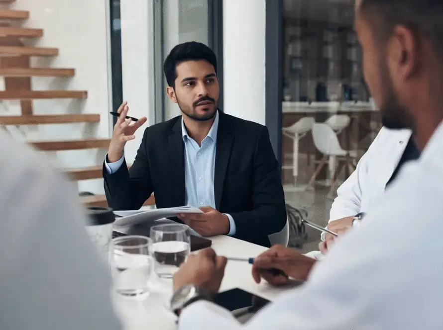 A man in a dark suit sits at a table holding papers, gesturing as he speaks with two people in white coats. In the modern office of a Healthcare Marketing Agency, water glasses, documents, and pens are neatly placed on the table.