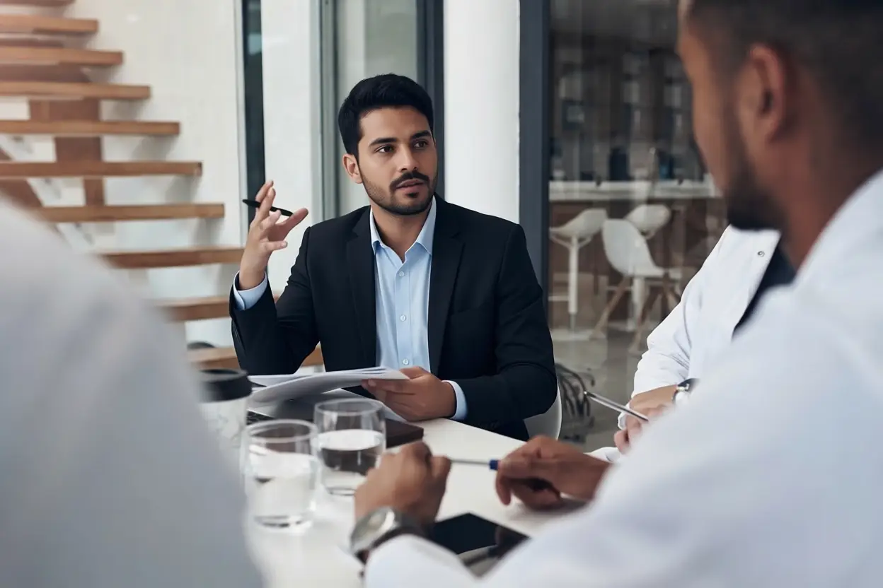 A man in a dark suit sits at a table holding papers, gesturing as he speaks with two people in white coats. In the modern office of a Healthcare Marketing Agency, water glasses, documents, and pens are neatly placed on the table.