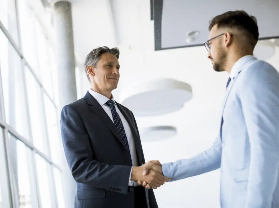Two men in business suits shake hands in a bright, modern office with large windows. The scene suggests a professional agreement, possibly sealing a partnership with a leading Healthcare Marketing Agency.