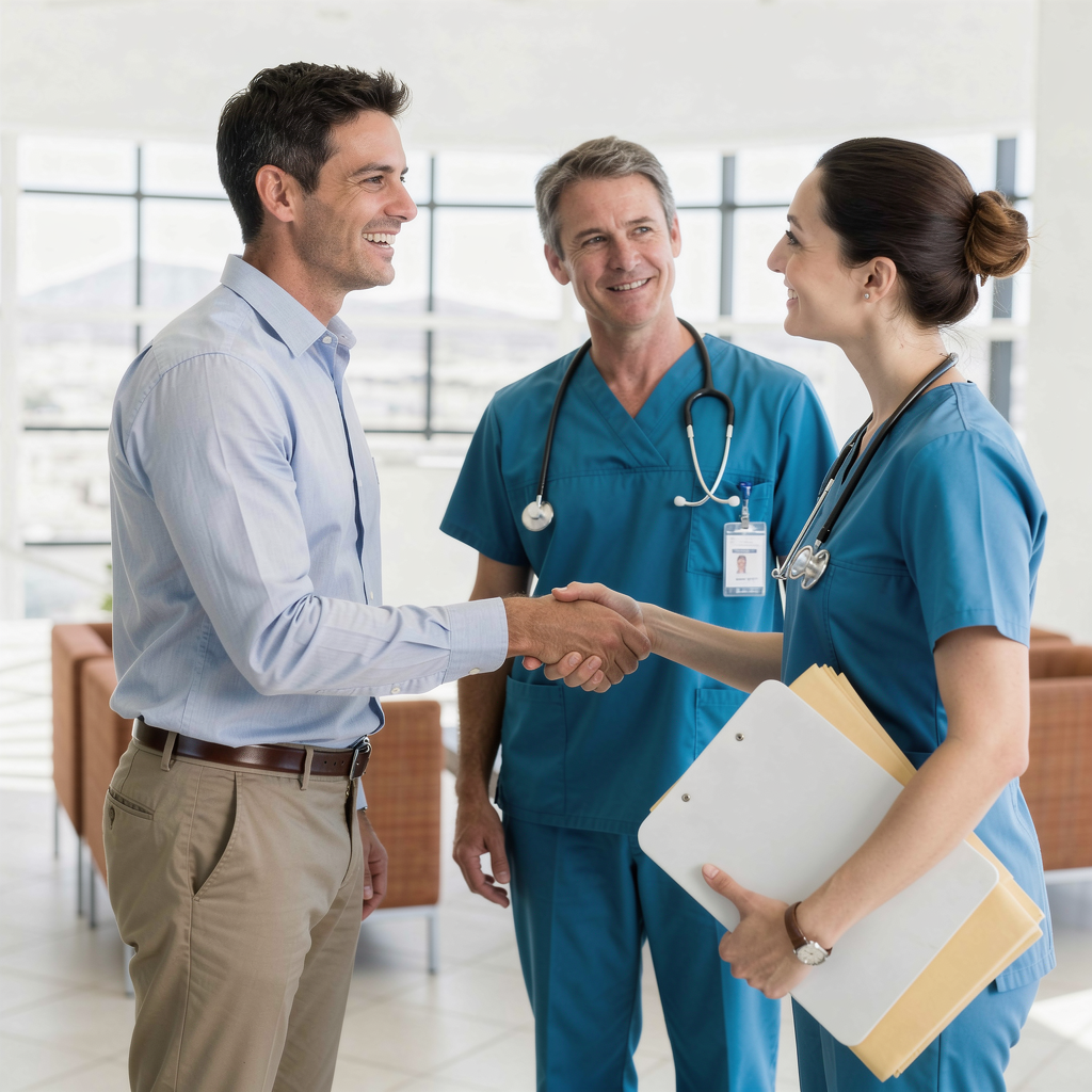 A man in business attire shakes hands with a female healthcare worker holding a clipboard, while a male doctor with a stethoscope smiles nearby—in a bright, modern medical office represented by a Plastic Surgery Clinics Marketing Agency.