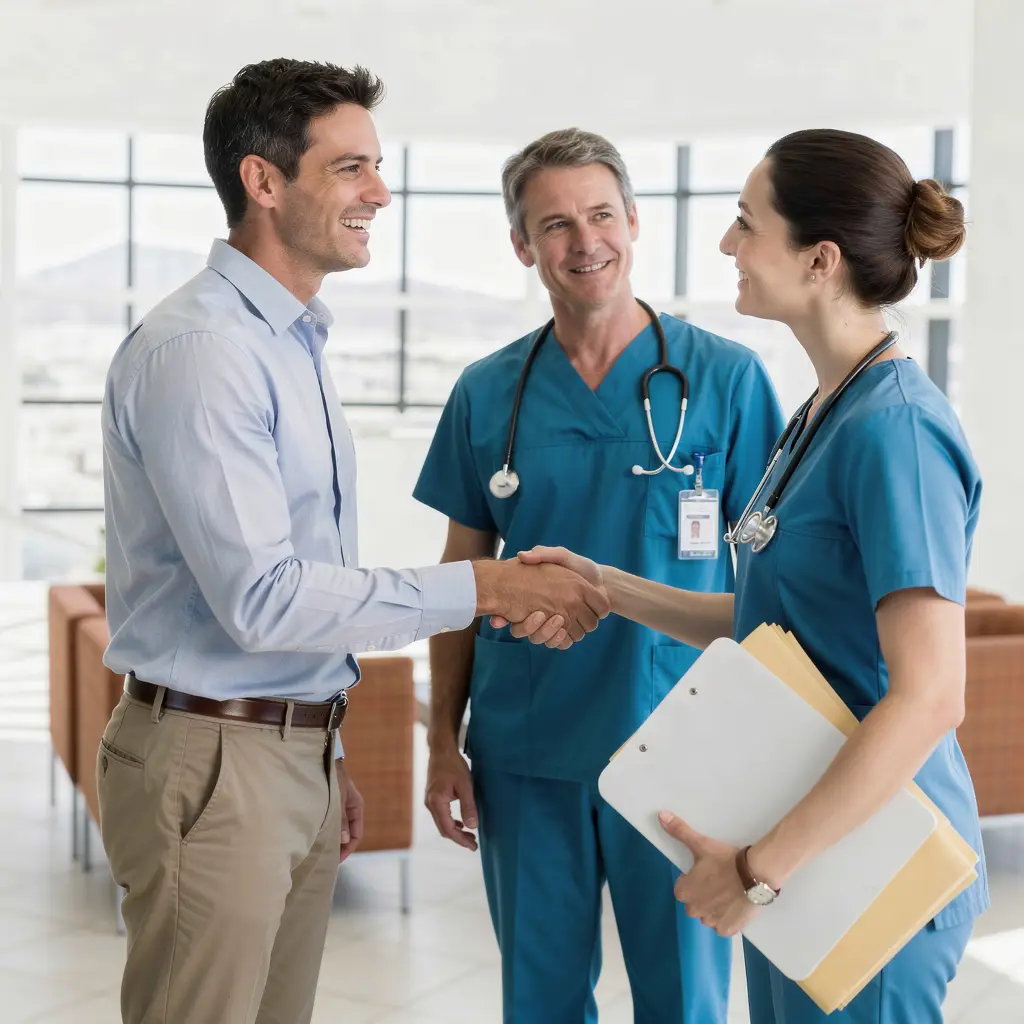 A man in business attire shakes hands with a female healthcare worker holding a clipboard, while a male doctor with a stethoscope smiles nearby—in a bright, modern medical office represented by a Plastic Surgery Clinics Marketing Agency.