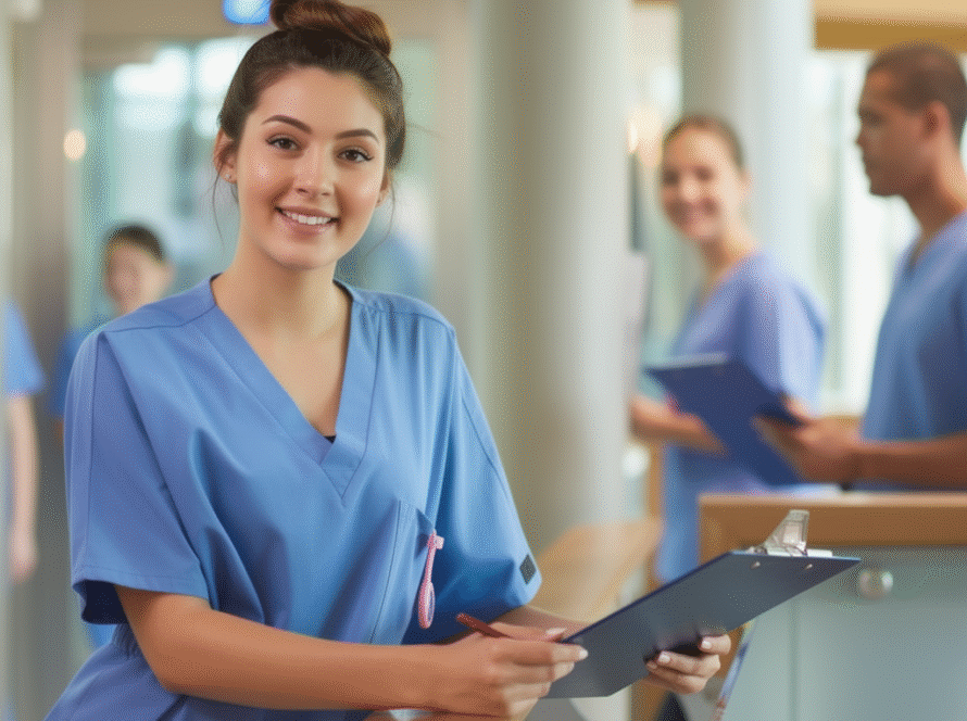 A young woman in blue scrubs smiles whilst holding a clipboard at a hospital counter. She is writing and appears friendly and approachable—a welcoming face for any Diagnostics Clinics Marketing Agency seeking authentic healthcare visuals.