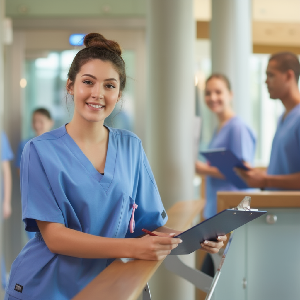 A young woman in blue scrubs smiles whilst holding a clipboard at a hospital counter. She is writing and appears friendly and approachable—a welcoming face for any Diagnostics Clinics Marketing Agency seeking authentic healthcare visuals.