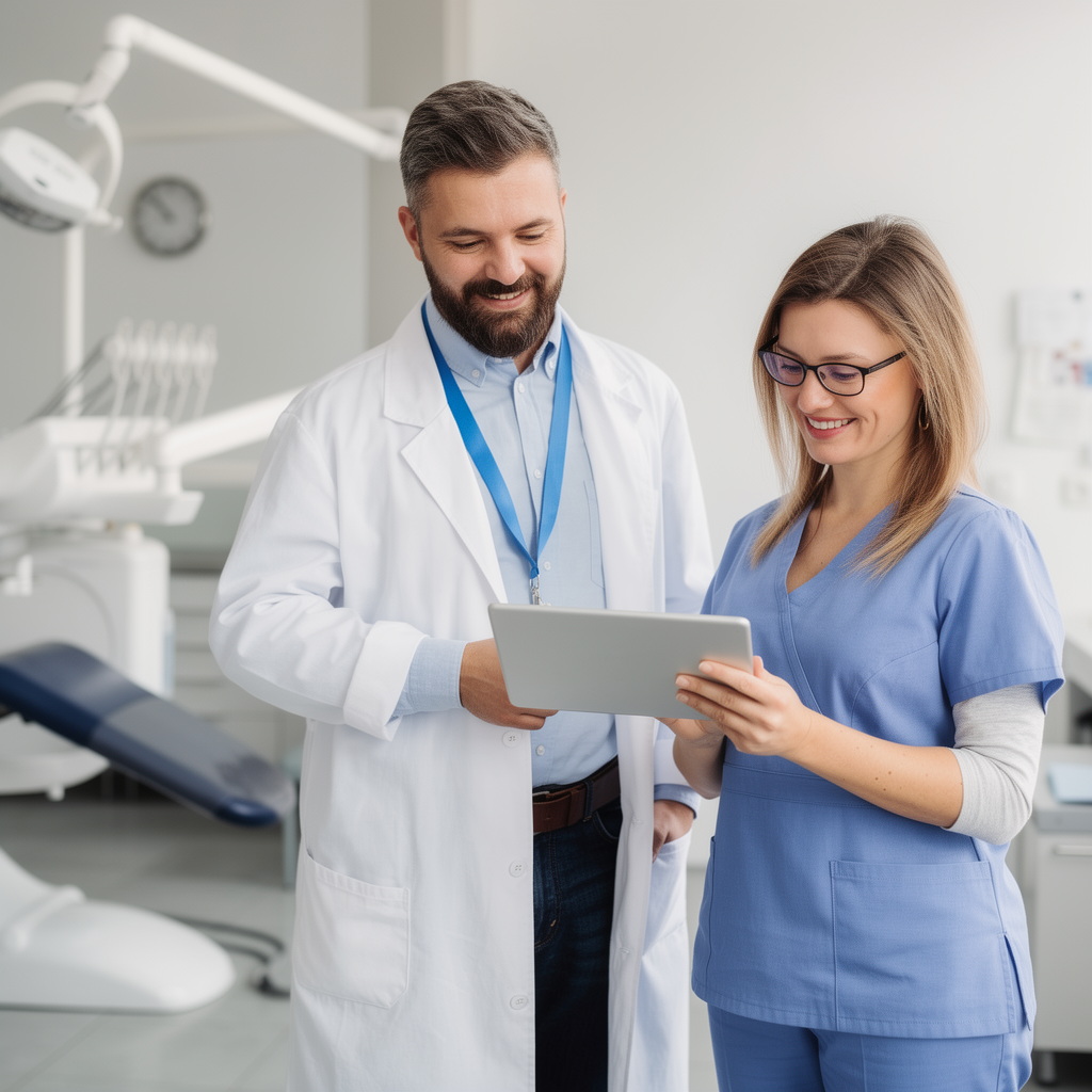 A male dentist in a white coat and a female dental nurse in blue scrubs smile and look at a tablet together in a modern dental surgery, possibly reviewing insights from a Dental Clinics Marketing Agency, with equipment and chair visible in the bright background.