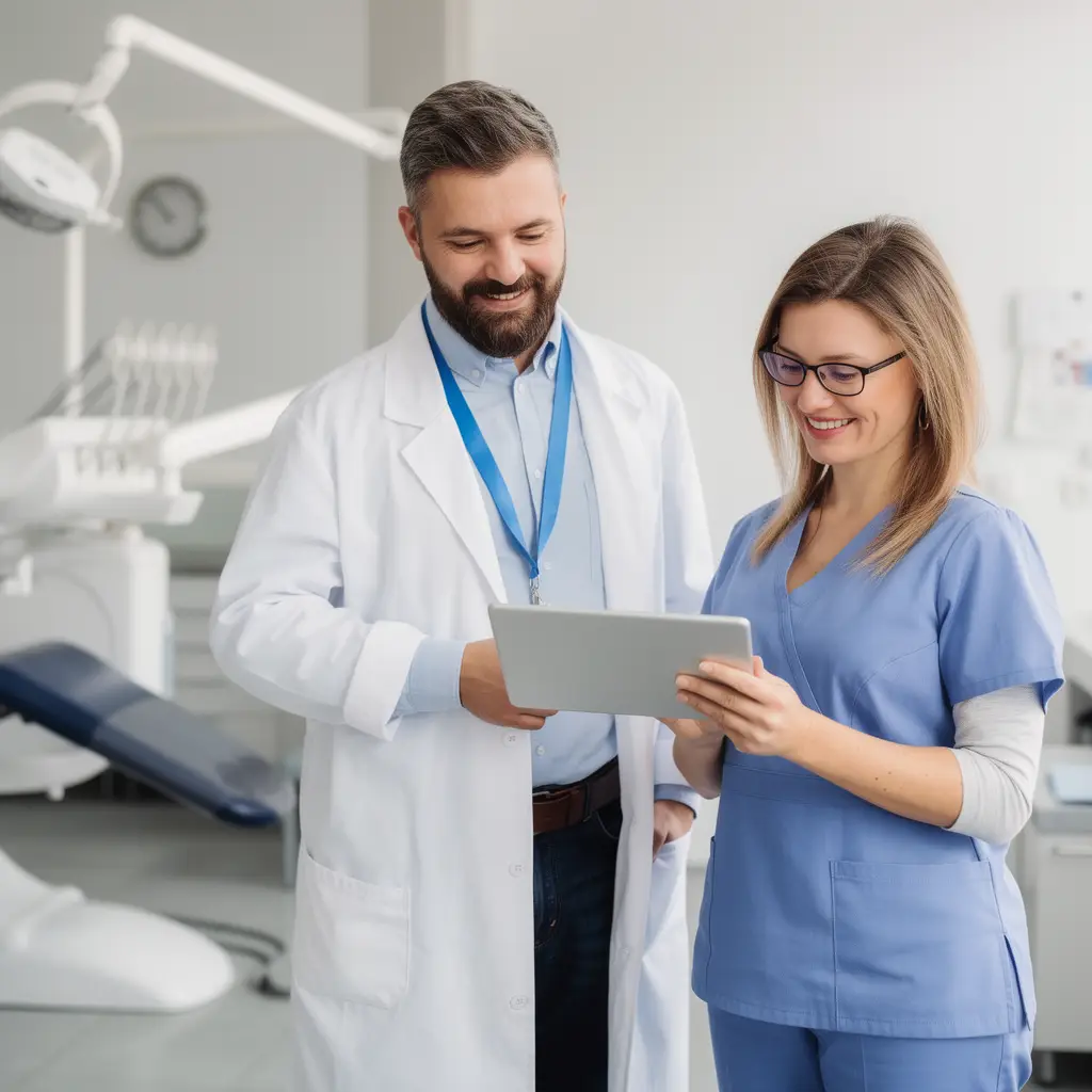 A male dentist in a white coat and a female dental nurse in blue scrubs smile and look at a tablet together in a modern dental surgery, possibly reviewing insights from a Dental Clinics Marketing Agency, with equipment and chair visible in the bright background.