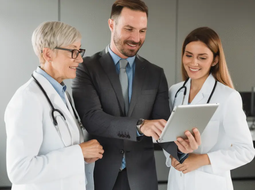 A man in a business suit holds a tablet and smiles whilst showing it to two female doctors in white coats, all appearing engaged in discussion about strategies from an Orthodontic Clinics Marketing Agency in a modern medical office.