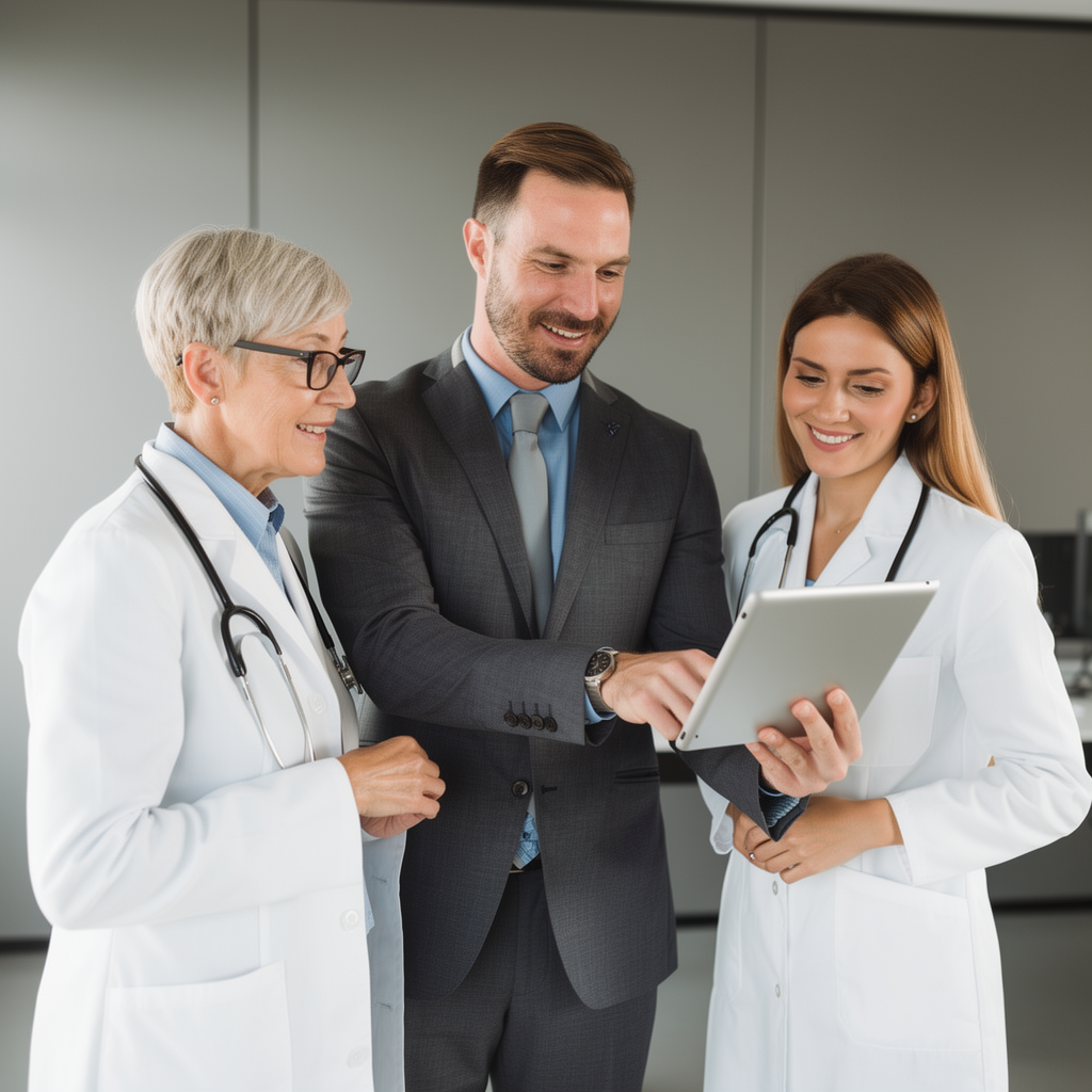 A man in a business suit holds a tablet and smiles whilst showing it to two female doctors in white coats, all appearing engaged in discussion about strategies from an Orthodontic Clinics Marketing Agency in a modern medical office.
