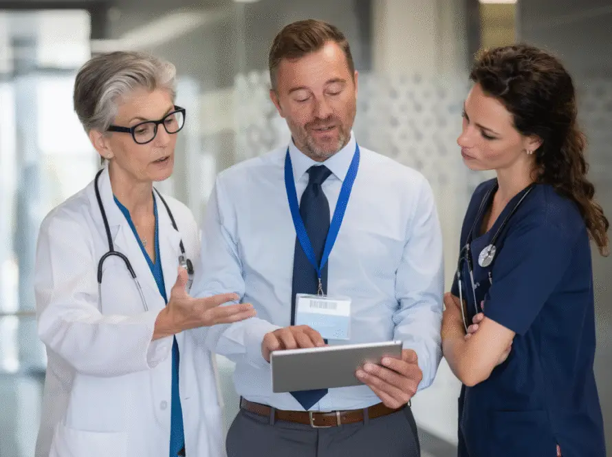 Three medical professionals—a woman in a white coat, a man in business attire, and a younger woman in navy scrubs—stand in a hospital corridor, intently discussing something on a tablet from their Plastic Surgery Clinics Marketing Agency.