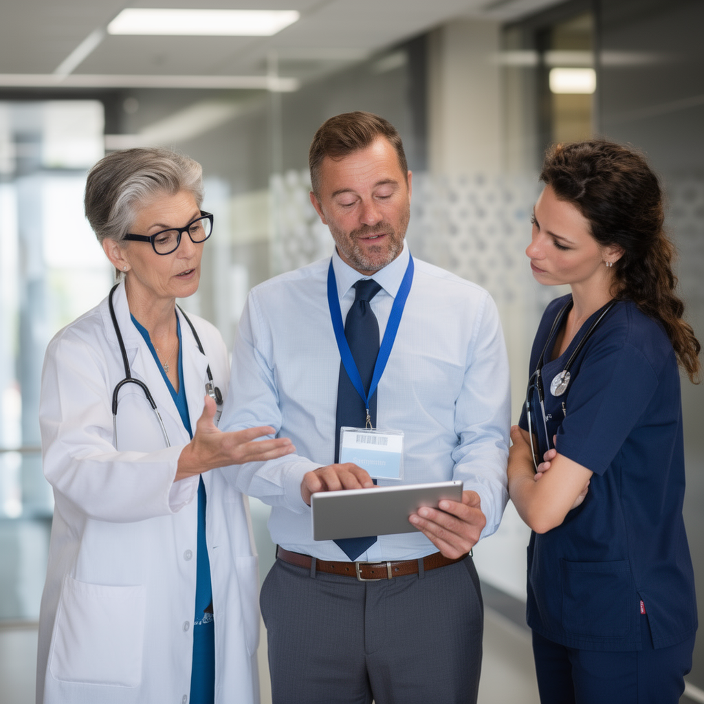Three medical professionals—a woman in a white coat, a man in business attire, and a younger woman in navy scrubs—stand in a hospital corridor, intently discussing something on a tablet from their Plastic Surgery Clinics Marketing Agency.