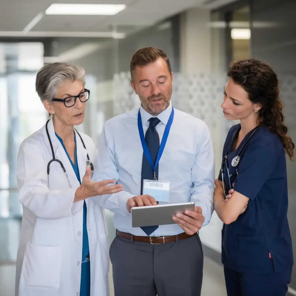 Three medical professionals—a woman in a white coat, a man in business attire, and a younger woman in navy scrubs—stand in a hospital corridor, intently discussing something on a tablet from their Plastic Surgery Clinics Marketing Agency.