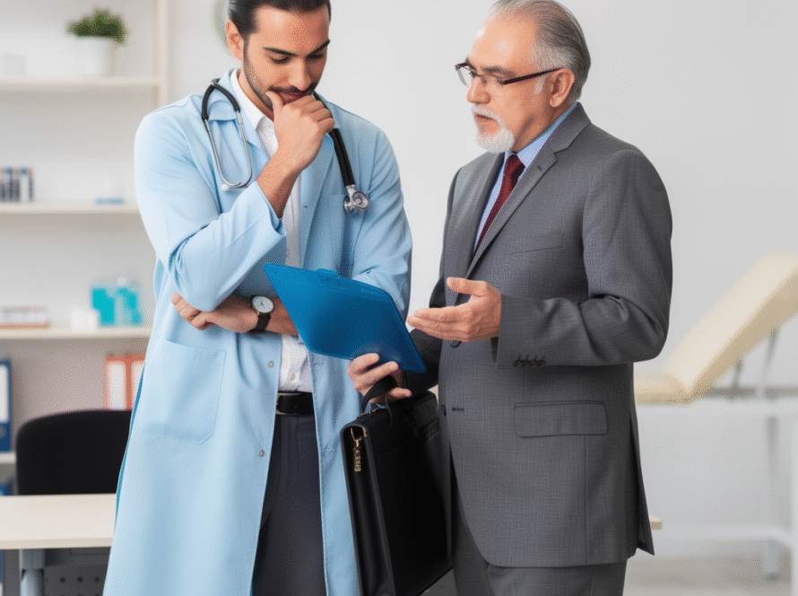 A doctor in a lab coat and stethoscope stands thoughtfully beside an older man in a suit. The older man, possibly from a Dermatology Clinics Marketing Agency, gestures at a clipboard held by the doctor, suggesting a serious discussion in a modern, bright medical surgery.