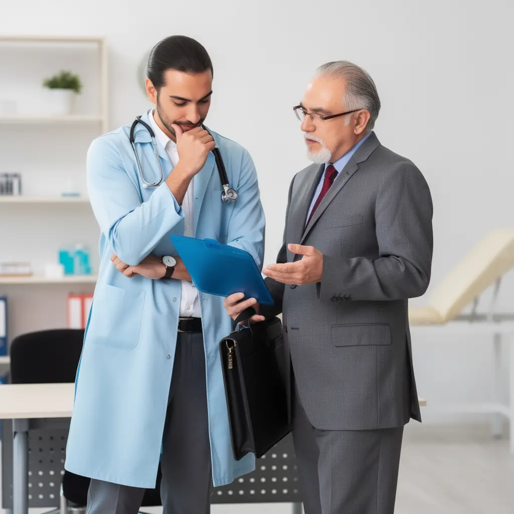 A doctor in a lab coat and stethoscope stands thoughtfully beside an older man in a suit. The older man, possibly from a Dermatology Clinics Marketing Agency, gestures at a clipboard held by the doctor, suggesting a serious discussion in a modern, bright medical surgery.