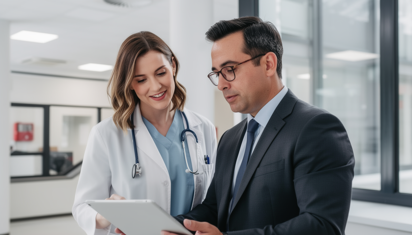 A female doctor in a white coat with a stethoscope talks with a man in a suit from a Dermatology Clinics Marketing Agency. In a modern, brightly lit medical surgery, they review information together on his digital tablet, appearing engaged in discussion.