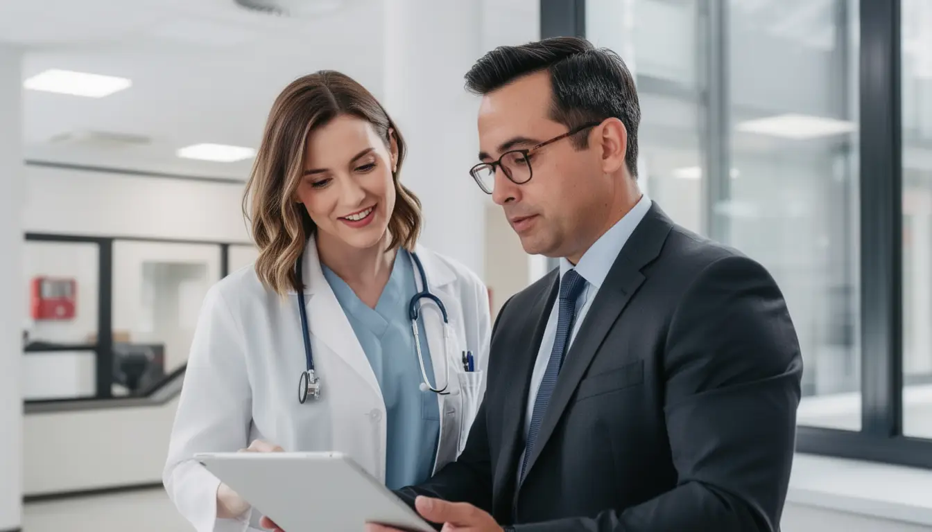 A female doctor in a white coat with a stethoscope talks with a man in a suit from a Dermatology Clinics Marketing Agency. In a modern, brightly lit medical surgery, they review information together on his digital tablet, appearing engaged in discussion.