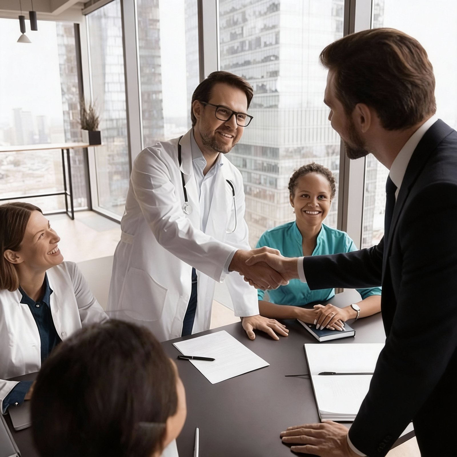 In a modern office with large windows, a doctor in a white coat and a man in a suit from an Orthodontic Clinics Marketing Agency shake hands, smiling. Two women in medical attire sit at a table with papers and tablets, also smiling. Urban buildings are visible outside.