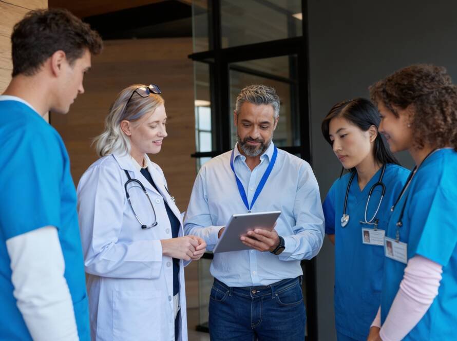 A doctor in a white coat and three healthcare workers in blue scrubs stand with a man holding a tablet. In this modern medical facility, they appear attentive and engaged, perhaps consulting with a Hair Transplant Clinics Marketing Agency.