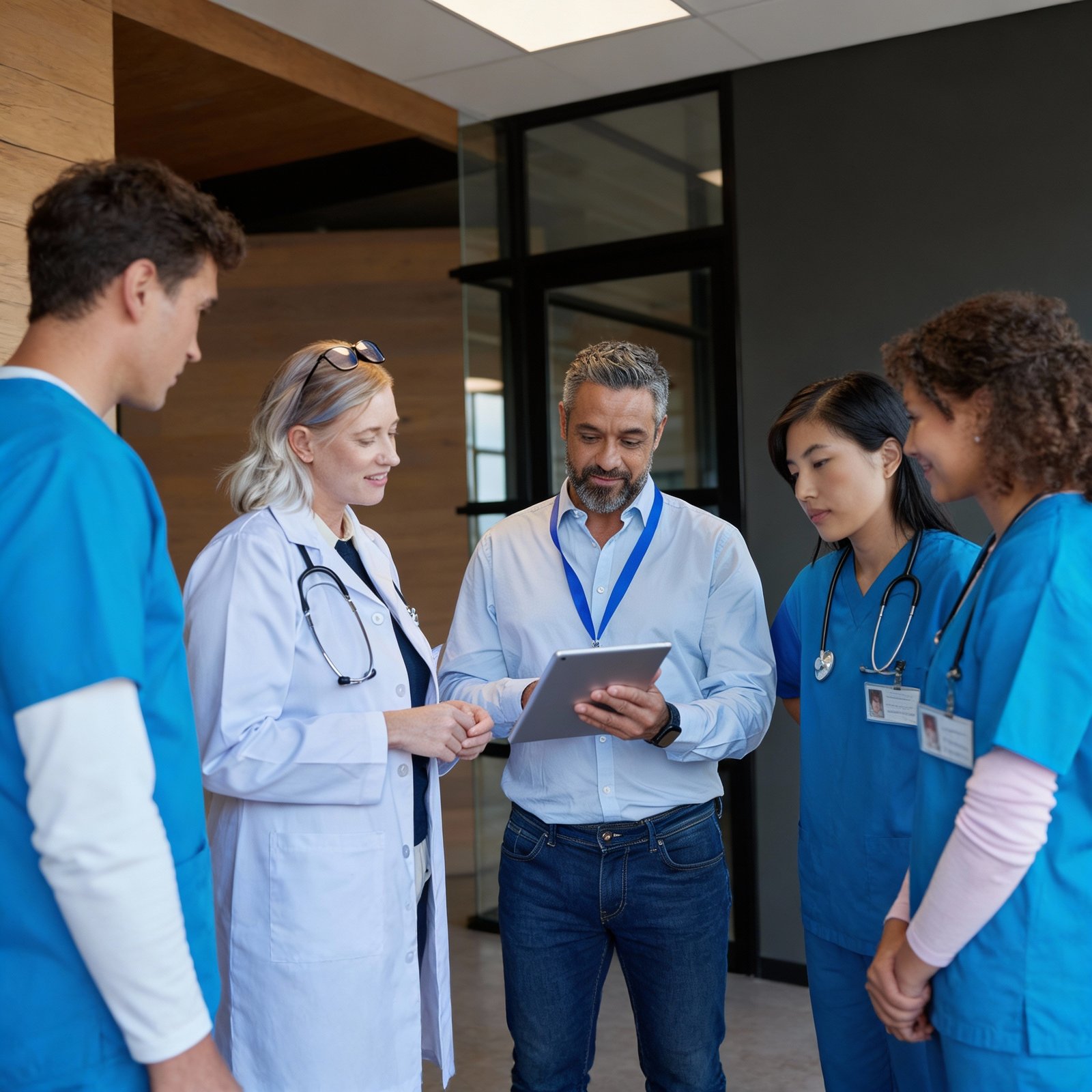 A doctor in a white coat and three healthcare workers in blue scrubs stand with a man holding a tablet. In this modern medical facility, they appear attentive and engaged, perhaps consulting with a Hair Transplant Clinics Marketing Agency.