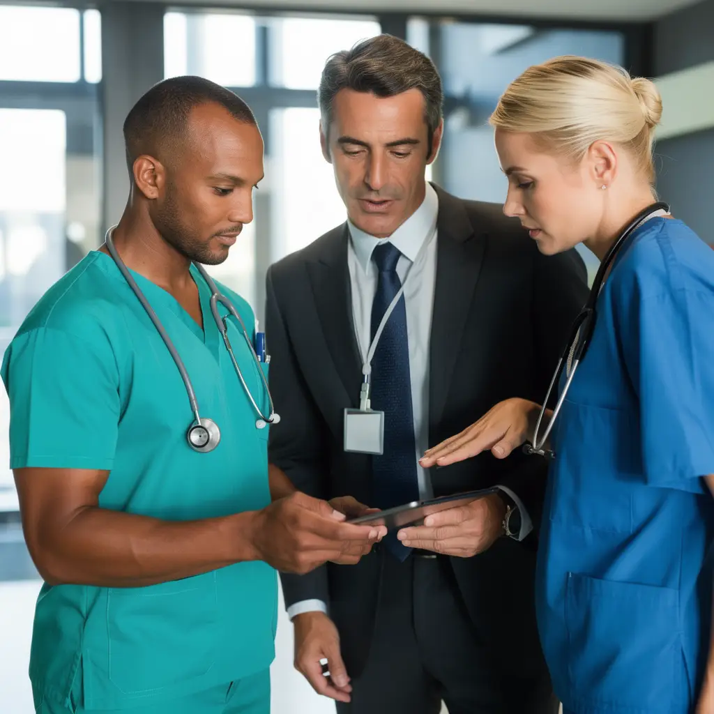 Three professionals—two in medical scrubs with stethoscopes and one in a business suit with an ID badge—stand together indoors, closely discussing information on a digital tablet, collaborating with a Hair Transplant Clinics Marketing Agency.