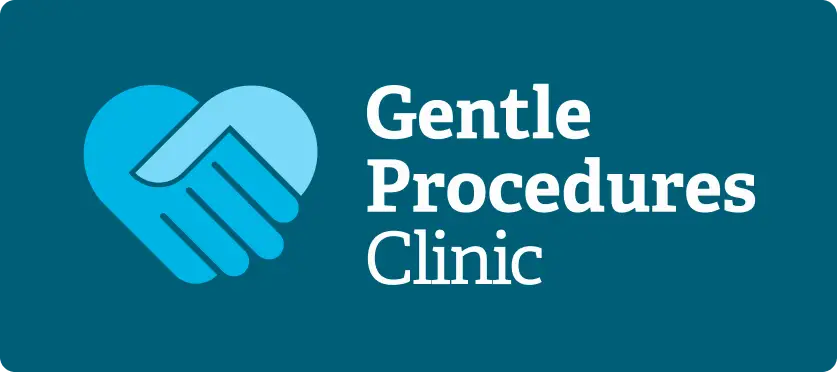Logo for Gentle Procedures Clinic. On a teal background, there is a heart shape formed by two interlocking hands in light and medium blue tones. To the right, white text reads: Gentle Procedures Clinic in a clean, bold typeface.