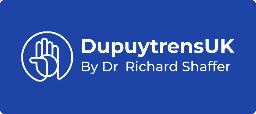 White outline of a hand inside a circle next to the text DupuytrensUK By Dr Richard Shaffer on a solid blue background. The text and hand graphic are centred and use a clean, modern font style.