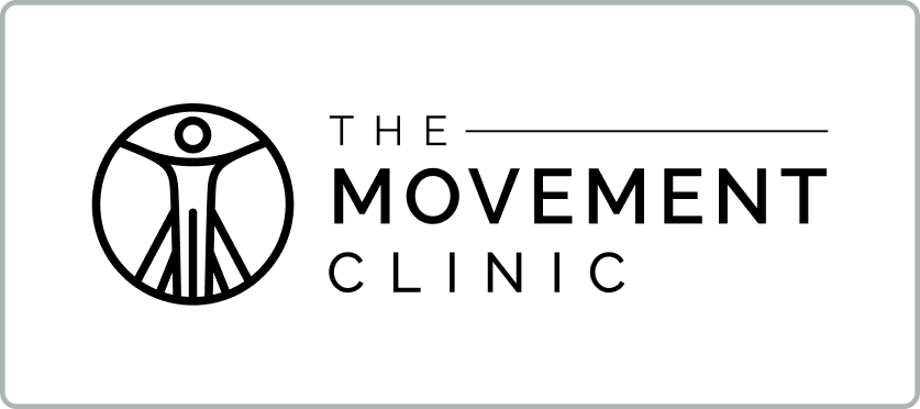Black and white logo for The Movement Clinic. On the left, a circular icon shows a simple human figure with outstretched arms and lines suggesting movement. To the right, the words THE MOVEMENT CLINIC are in bold, modern uppercase text.