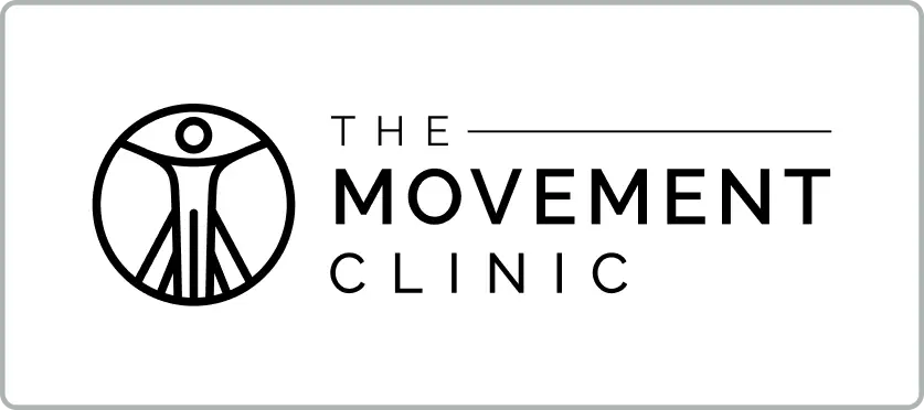 Black and white logo for The Movement Clinic. On the left, a circular icon shows a simple human figure with outstretched arms and lines suggesting movement. To the right, the words THE MOVEMENT CLINIC are in bold, modern uppercase text.