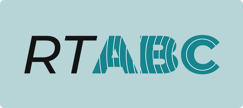 Text on a light blue background reads “RTABC.” The first two letters, RT, are in solid black. The last three letters, ABC, are outlined in teal, with A and B filled with vertical teal lines, whilst C is outlined with concentric teal curves.