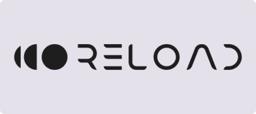 The image shows the word RELOAD in a modern, stylised black font on a light grey background. To the left of the word are two solid black circles and one semicircle, resembling a reload or repeat icon.