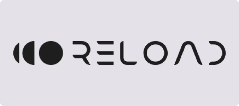 The image shows the word RELOAD in a modern, stylised black font on a light grey background. To the left of the word are two solid black circles and one semicircle, resembling a reload or repeat icon.
