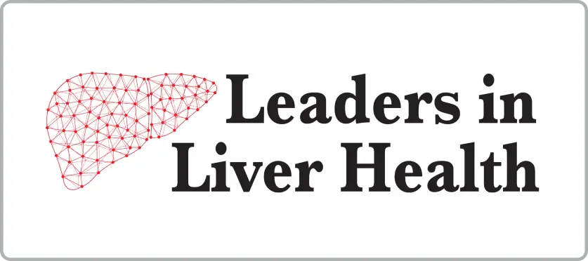 A red geometric outline of a liver made of connected dots is on the left of bold black text that reads “Leaders in Liver Health”, all set against a white background with a thin grey border.