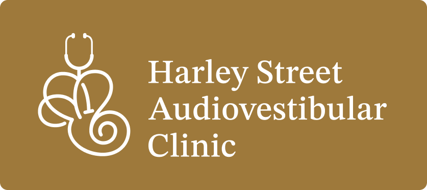 A logo on a brown background shows a white stethoscope forming an abstract ear, next to the white text “Harley Street Audiovestibular Clinic.” The design conveys a focus on ear and balance health services.