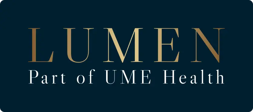 A dark blue rectangle features the word LUMEN in large gold gradient capital letters above the white text Part of UME Health in smaller, elegant serif font.