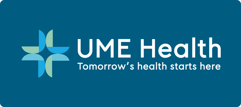 A blue background features a geometric logo of four interlocking shapes in green and blue on the left. To the right, white text reads UME Health and below in smaller text, Tomorrow’s health starts here.