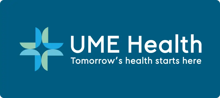 A blue background features a geometric logo of four interlocking shapes in green and blue on the left. To the right, white text reads UME Health and below in smaller text, Tomorrow’s health starts here.