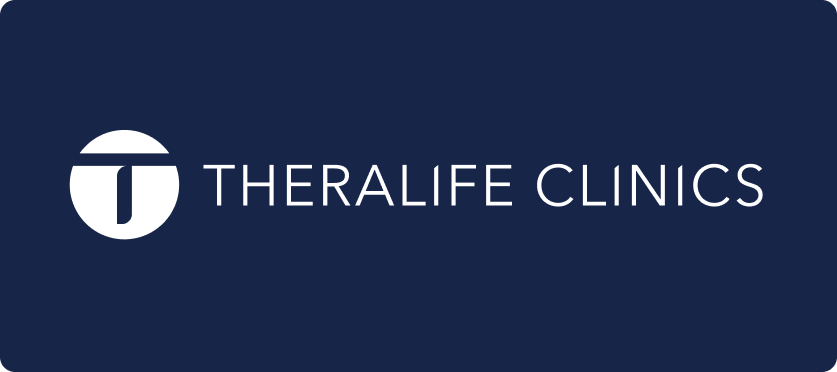 White “THERALIFE CLINICS” text and a circular logo with a T are centred on a dark blue background. The logo is to the left of the text and has a simple, modern design. The overall style is clean and professional.