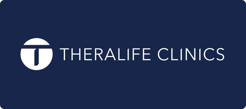 White “THERALIFE CLINICS” text and a circular logo with a T are centred on a dark blue background. The logo is to the left of the text and has a simple, modern design. The overall style is clean and professional.