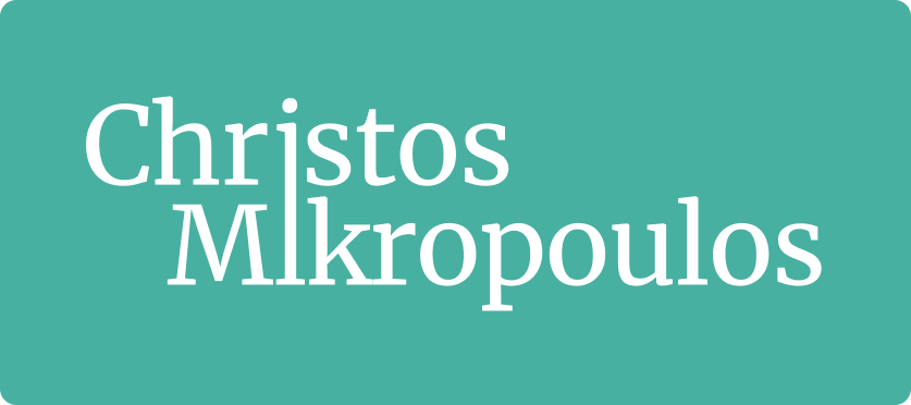 White text reading “Christos Mikropoulos” is centred on a teal background. The font is serif, with Christos on the top line and Mikropoulos on the bottom line, both aligned to the left. The corners of the background are rounded.