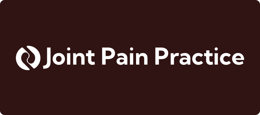 White text on a dark brown background reads “Joint Pain Practice.” To the left of the text is a circular logo featuring a stylised joint, resembling a knee or elbow, created with curved white lines. The logo and text are centred.