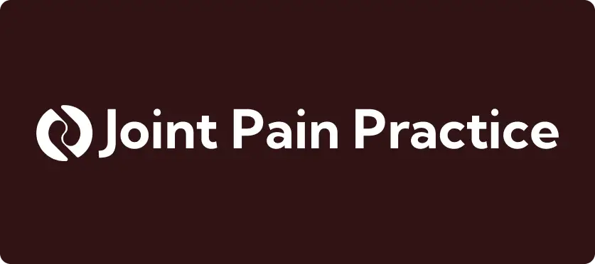 White text on a dark brown background reads “Joint Pain Practice.” To the left of the text is a circular logo featuring a stylised joint, resembling a knee or elbow, created with curved white lines. The logo and text are centred.