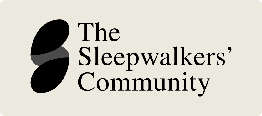 Black text on a light beige background reads “The Sleepwalkers’ Community.” To the left of the text, two overlapping black oval shapes form an abstract design, resembling closed eyes or footprints.