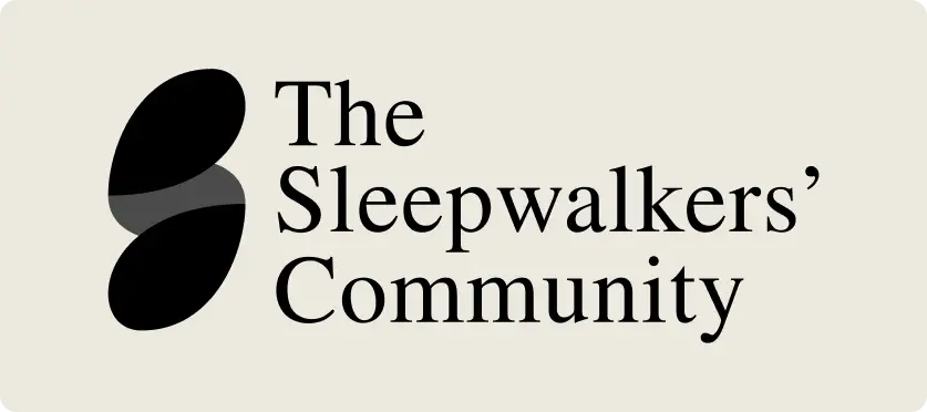 Black text on a light beige background reads “The Sleepwalkers’ Community.” To the left of the text, two overlapping black oval shapes form an abstract design, resembling closed eyes or footprints.