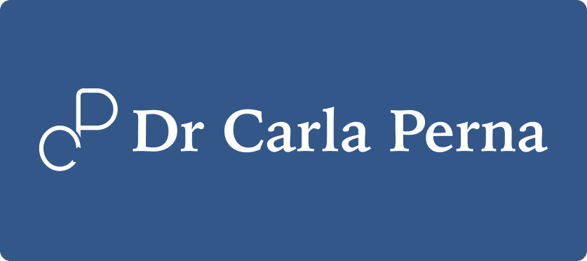White text on a blue background reads “Dr Carla Perna.” To the left of the text are two stylised, interlocking letters C and P, representing the initials of the name. The edges of the image are rounded.