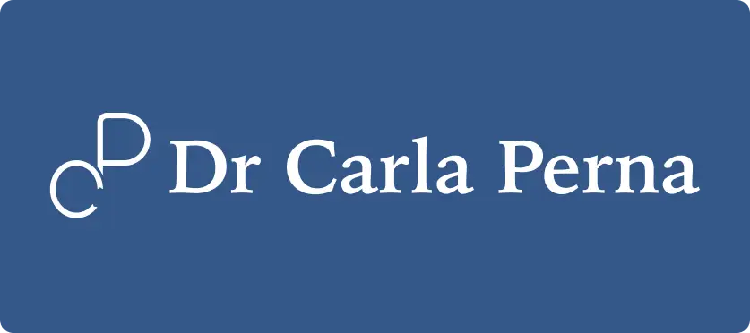 White text on a blue background reads “Dr Carla Perna.” To the left of the text are two stylised, interlocking letters C and P, representing the initials of the name. The edges of the image are rounded.