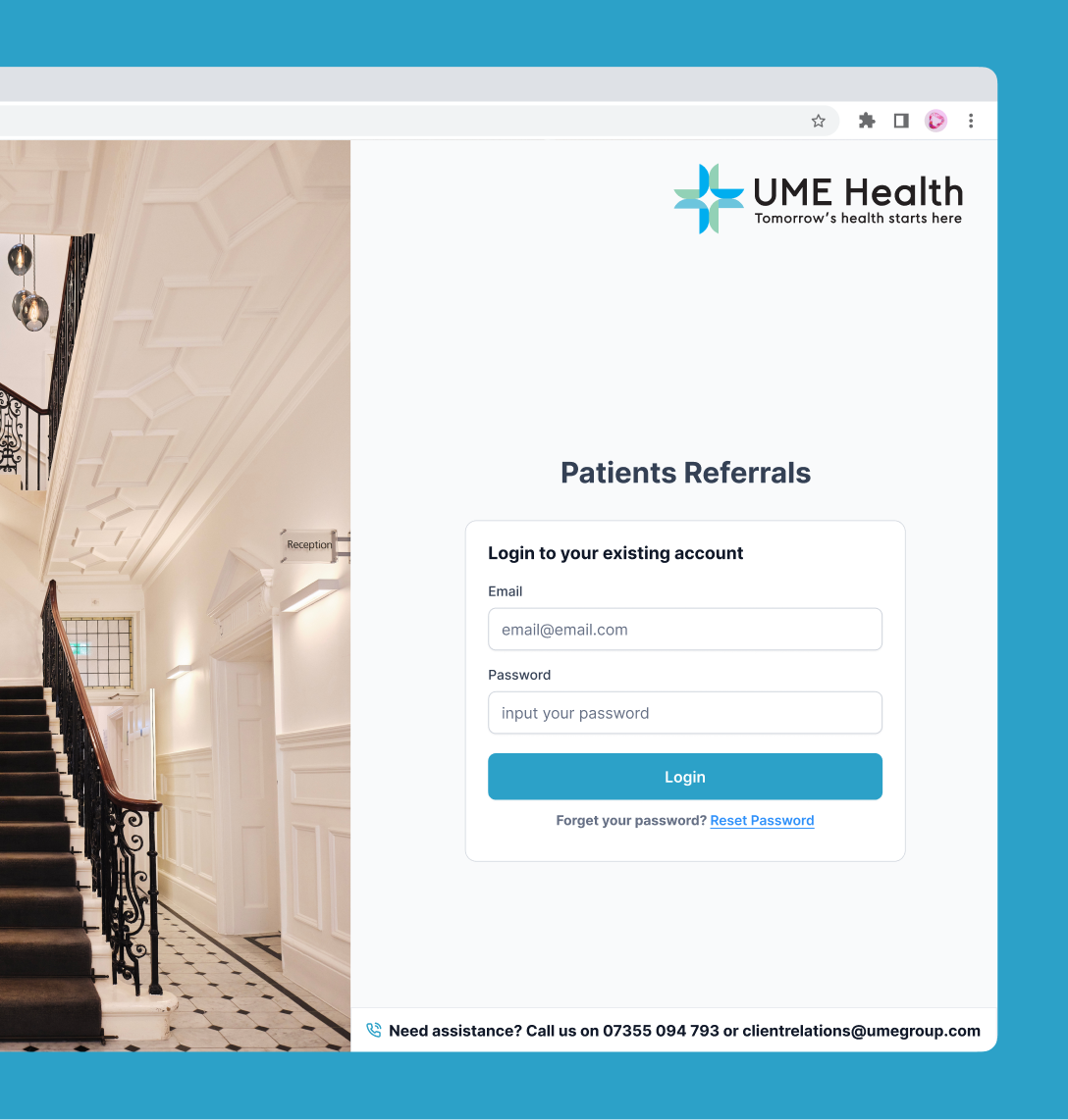 A split-screen webpage shows a staircase in a classic white hallway on the left and the UME Health patient referrals login portal on the right, featuring email and password fields, a blue log in button, support contact details, and links to case studies at the bottom.