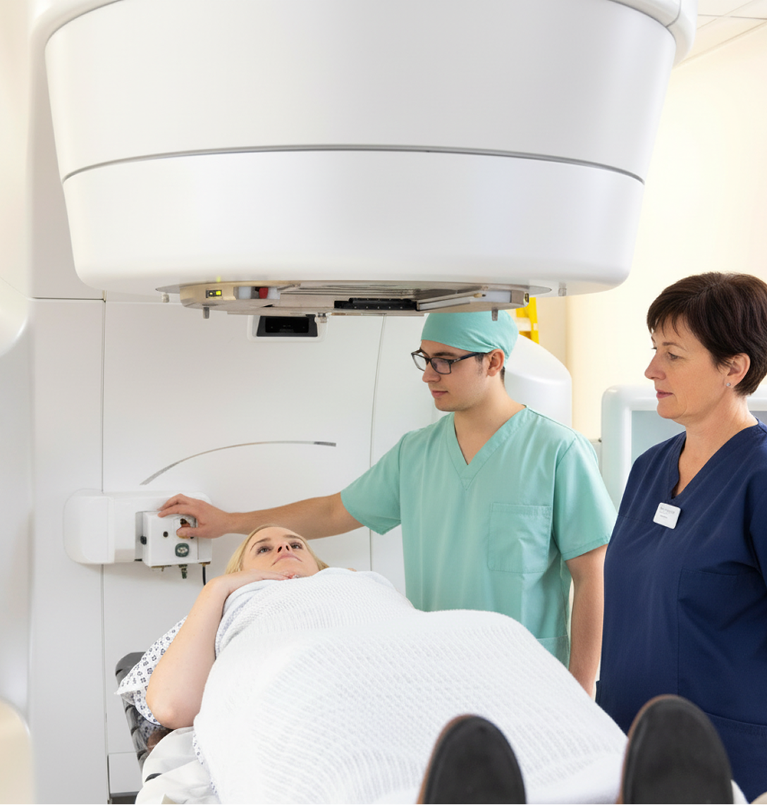 A patient lies on a table covered with a white blanket under a large medical scanning machine. A technician in green scrubs operates the controls, while a nurse in blue observes—capturing the precise teamwork often highlighted in case studies.