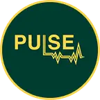 A dark green circle with a yellow border contains the word “PULSE” in bold yellow letters. The bottom of the “L” extends into a yellow zigzag line resembling an ECG heartbeat, ending beneath the “E.”.