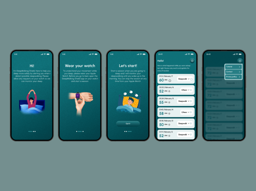 Five smartphone screens show a sleep-tracking app onboarding: a woman stretching in bed, a hand putting on a smartwatch, sleepwalking protection features with stars and moon, a setup screen with sleep stages, and a dashboard with sleep metrics in card format.