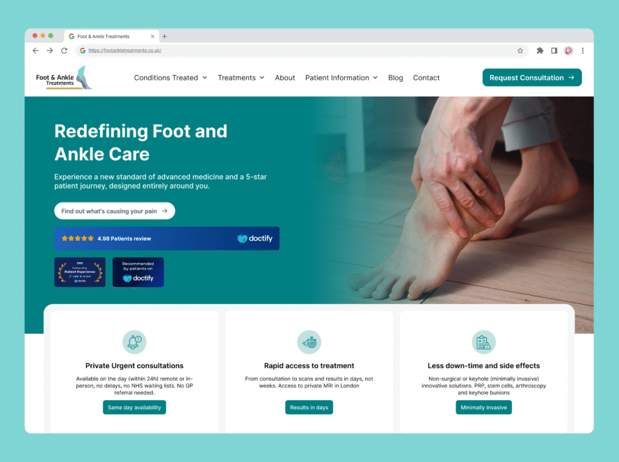 A website page for Foot & Ankle Treatments features a teal and white design, with Dr Peter Dickinson highlighted in the header. The page showcases services, patient reviews, and buttons for urgent consultations and rapid access.