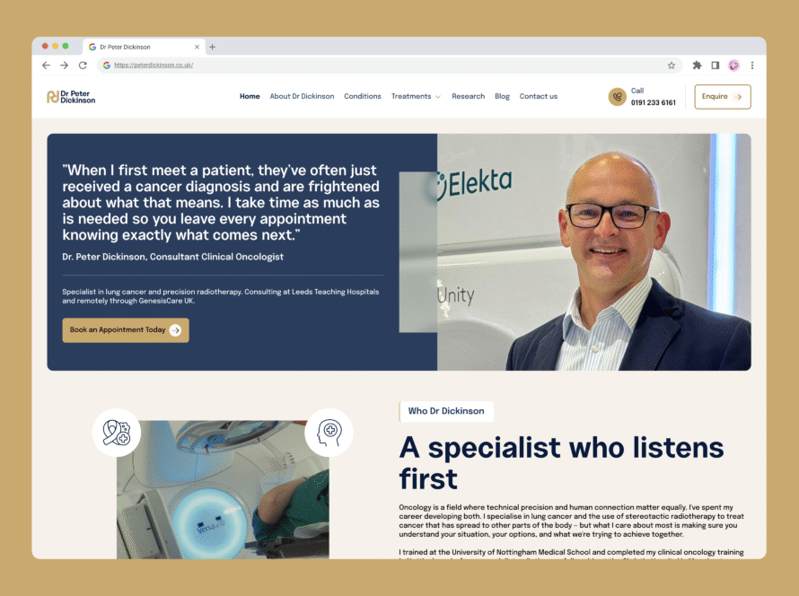 Screenshot of Dr Peter Dickinson’s website. A navy quotation section features Dr Dickinson’s photo, smiling in glasses and a suit. Text describes Dr Peter Dickinson's approach to patient care. The site’s navigation and yellow Book an Appointment button are visible.