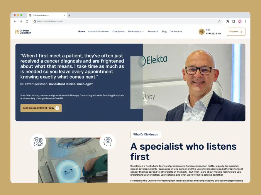 Screenshot of Dr Peter Dickinson’s website. A navy quotation section features Dr Dickinson’s photo, smiling in glasses and a suit. Text describes Dr Peter Dickinson's approach to patient care. The site’s navigation and yellow Book an Appointment button are visible.